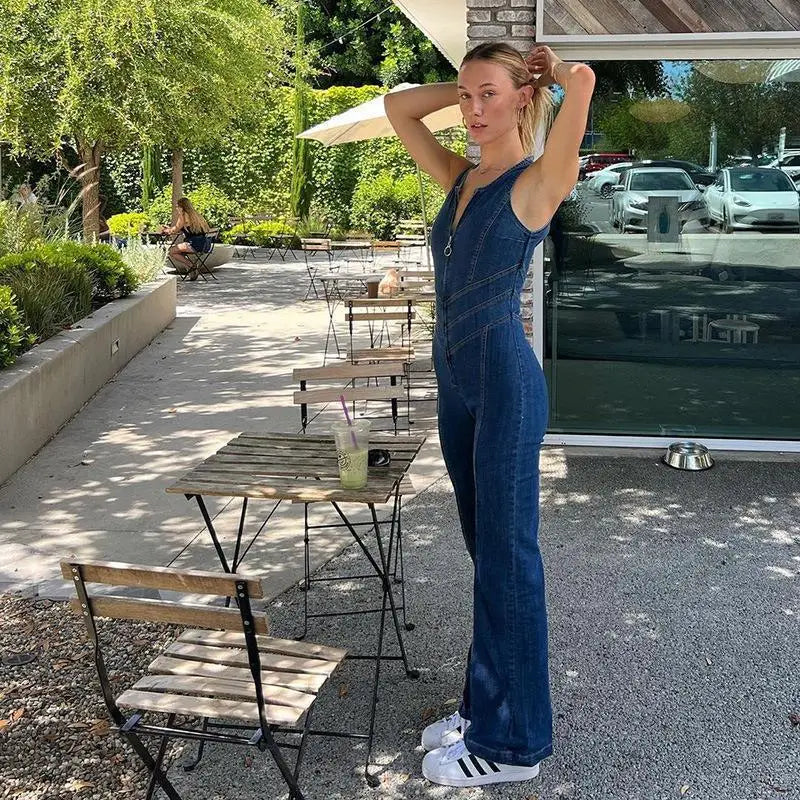 Backless fitted denim jumpsuit with heart