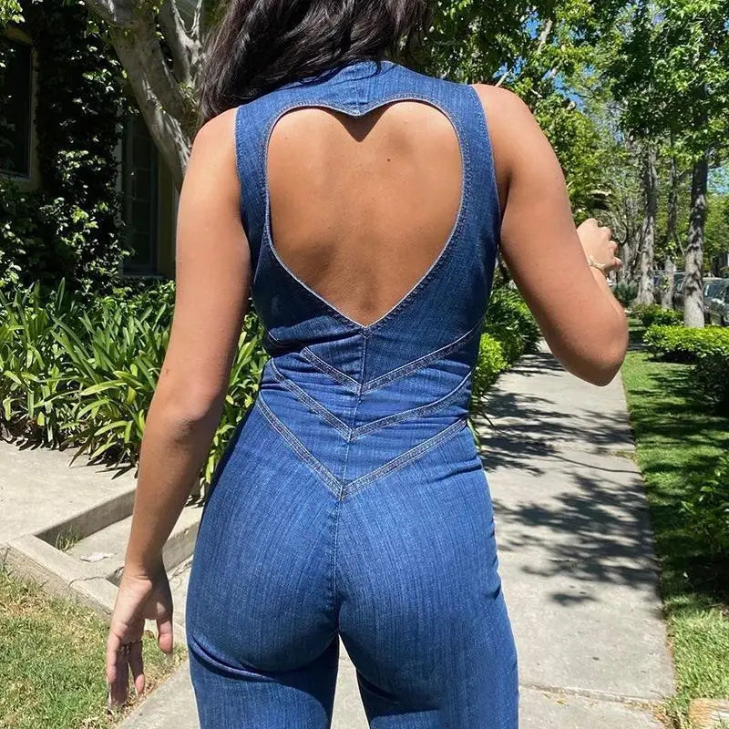 Backless fitted denim jumpsuit with heart