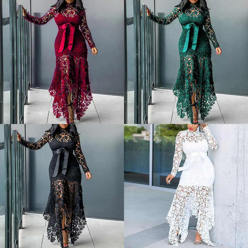 Irregular Hem Lace Dress with Long Sleeves and Belt