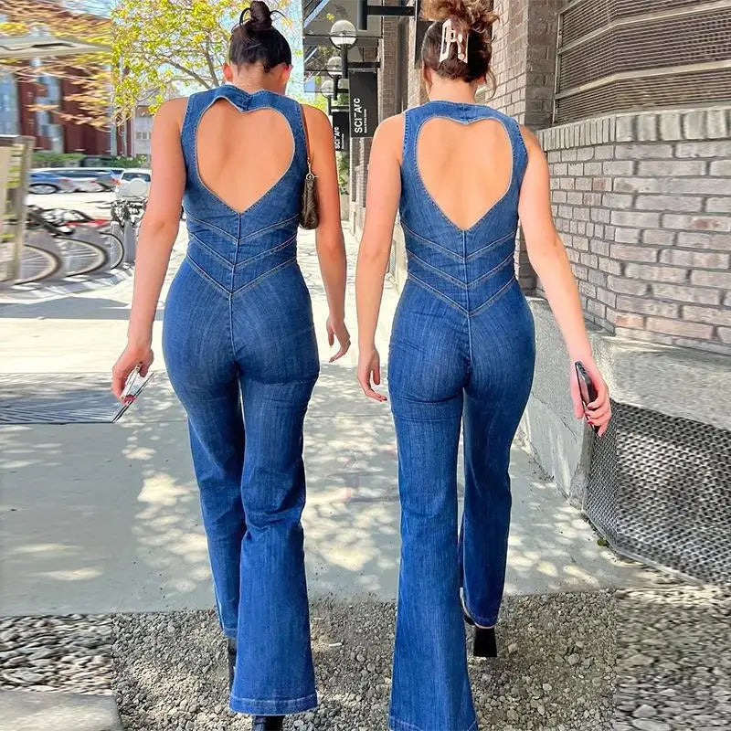 Backless fitted denim jumpsuit with heart