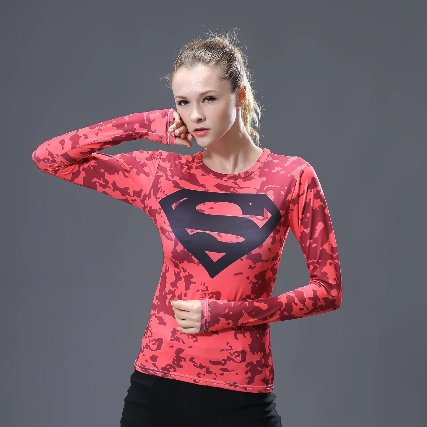 Red Floral Superman Print Women's Long Sleeve T-Shirt