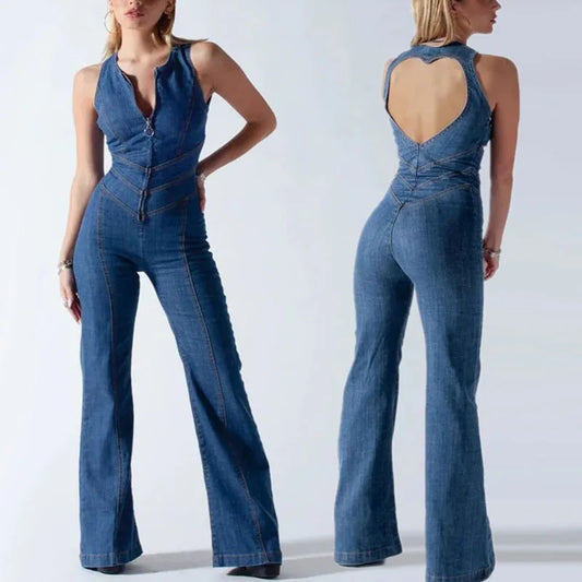Backless fitted denim jumpsuit with heart