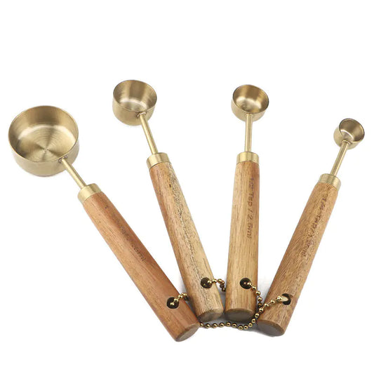 Copper Color Wooden Handle Measuring Spoon Set (4 pcs)