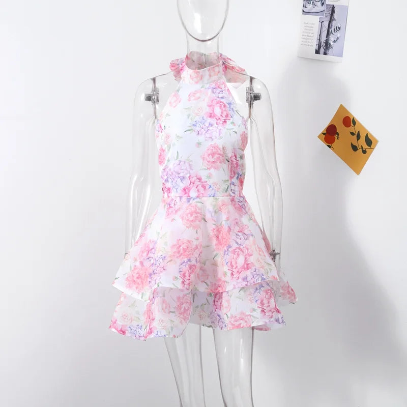 Elegant Floral Short Dress Summer Holiday Outfits Women Layered Party Dresses Sexy Halter Bow Lace-Up Ruffled Hem Puffy Dress