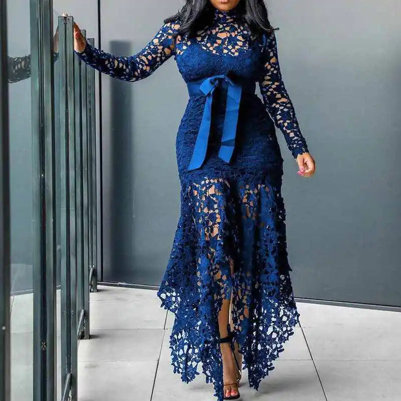 Irregular Hem Lace Dress with Long Sleeves and Belt