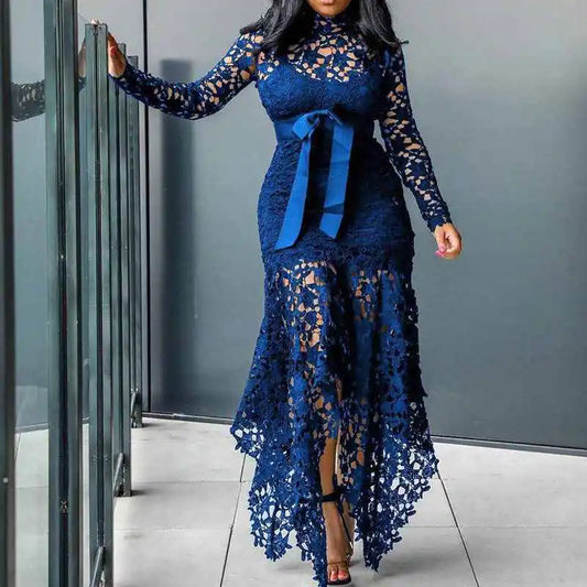 Irregular Hem Lace Dress with Long Sleeves and Belt