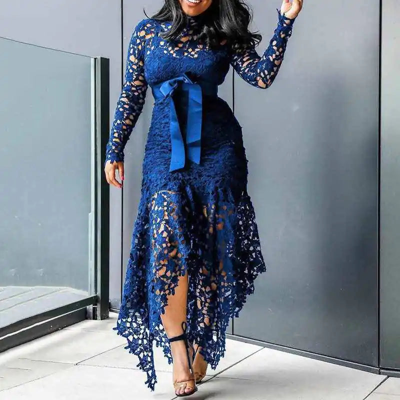 Irregular Hem Lace Dress with Long Sleeves and Belt